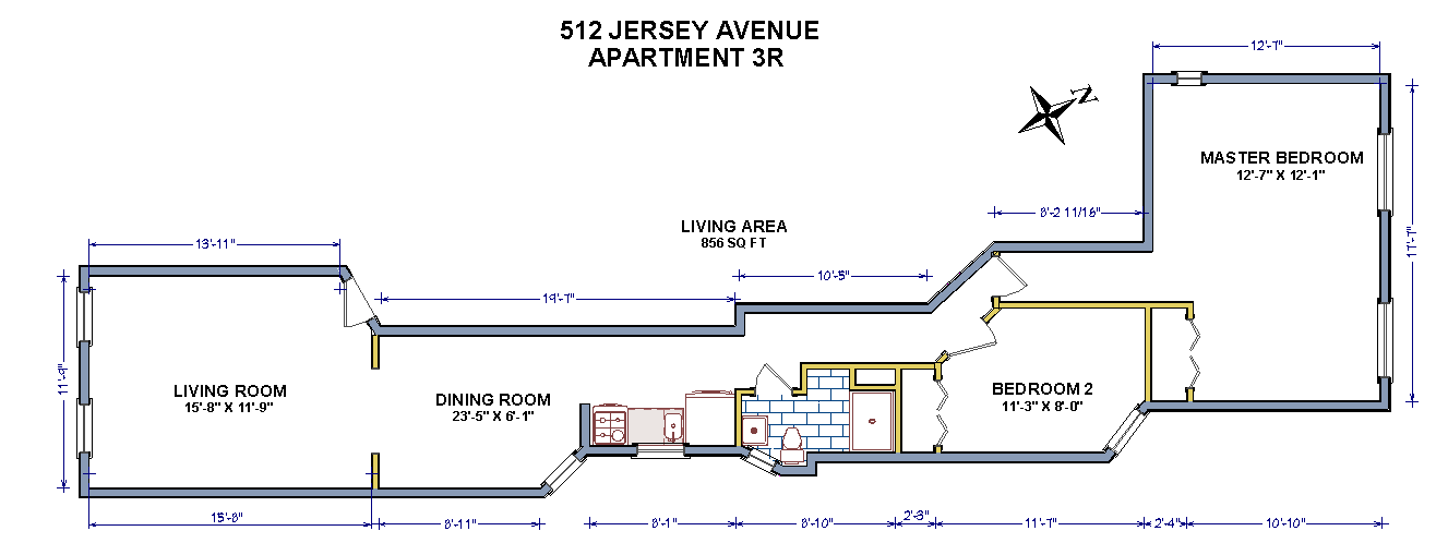 Floor plan for 2 beds, 1 bath, 856 sqft